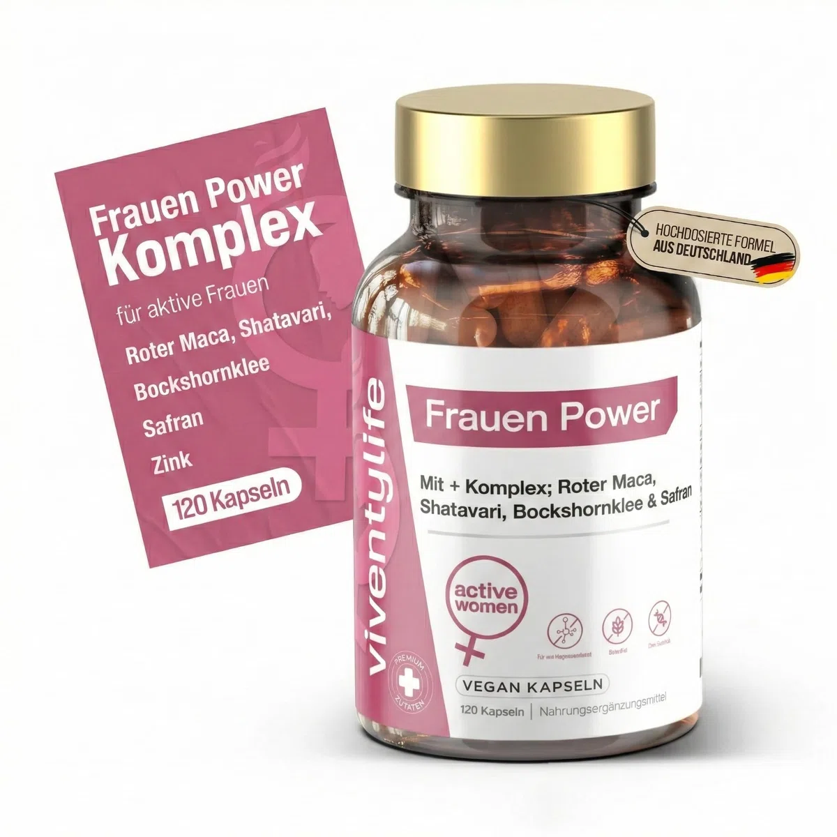 Täglicher Vitaminbedarf für Frauen, Roter Maca Komplex mit Magnesium, Shatavari, Safran, Bockshornklee, Tribulus, Zink, Piperin, Vitamin B6 & D3-120 Vegan Kapseln