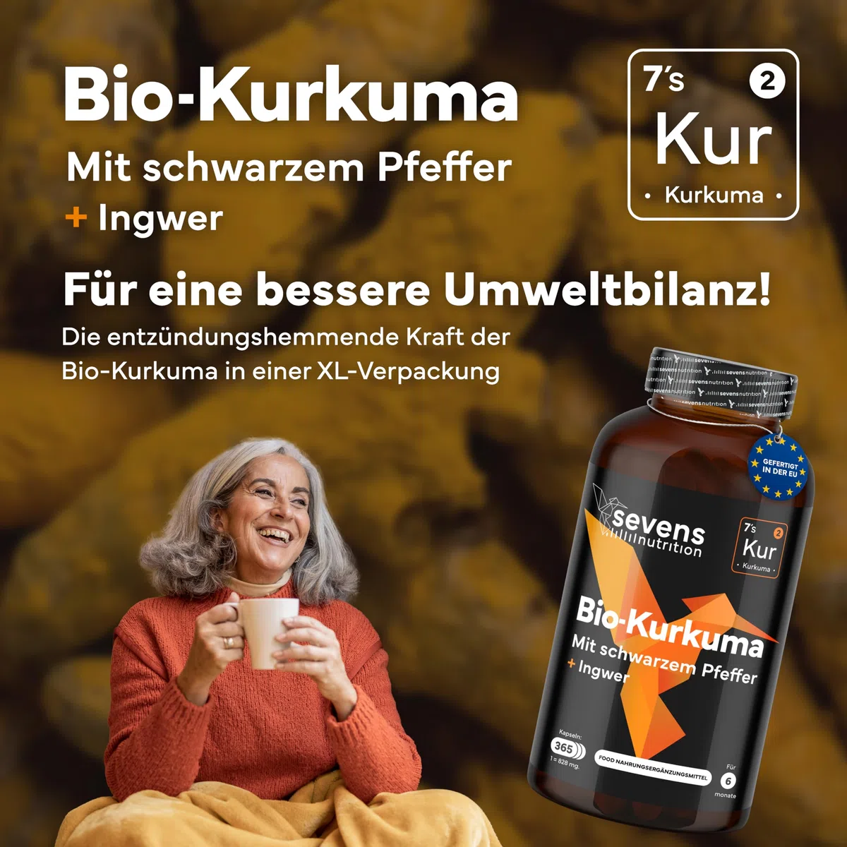 Kurkuma Kapseln Hochdosiert – BIO Kurkuma mit Schwarzem Pfeffer & Ingwer – 365 Kapseln – Curcumin Komplex – Ohne unerwünschte Zusätze - Sevens Nutrition