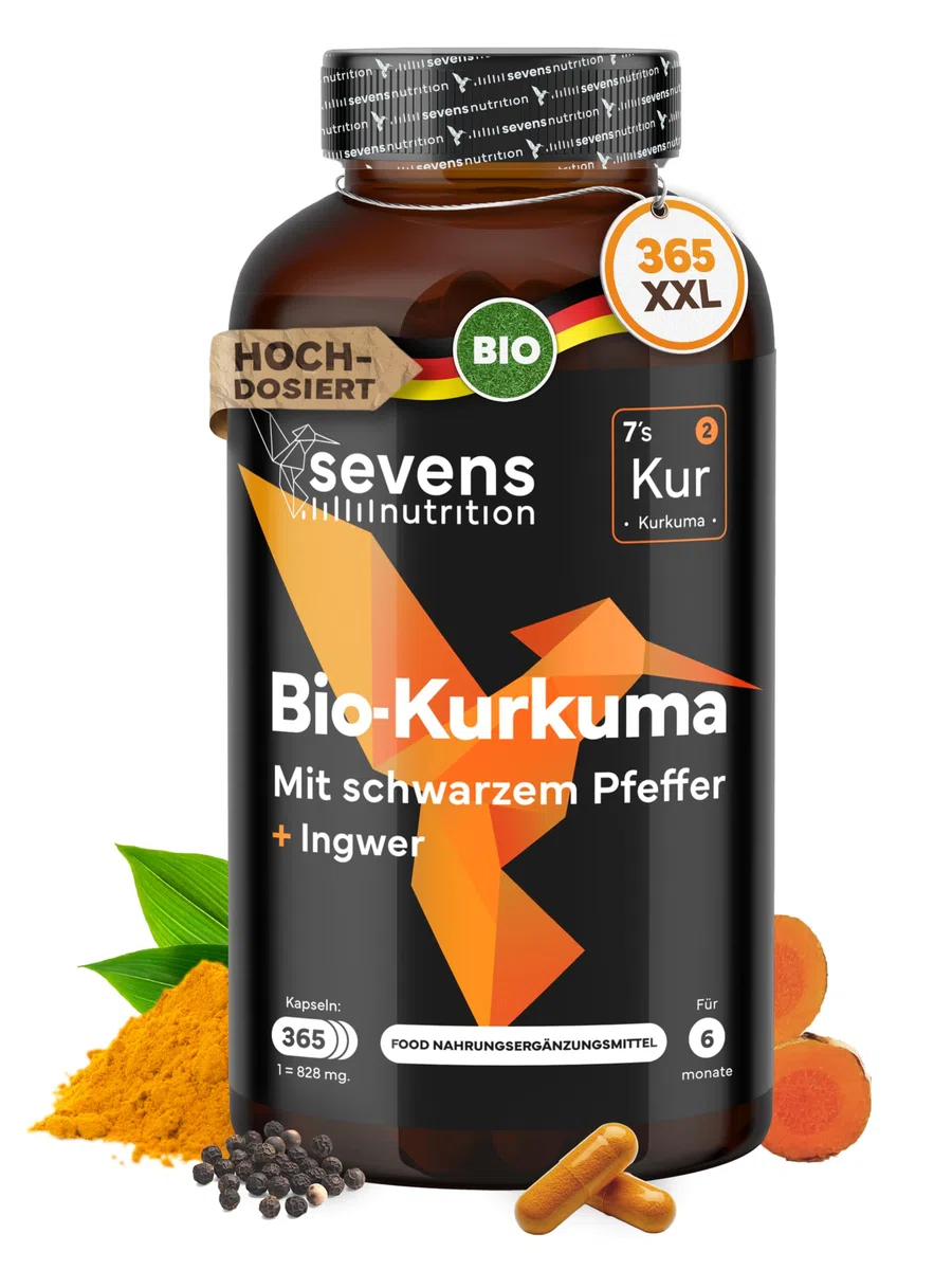 Kurkuma Kapseln Hochdosiert – BIO Kurkuma mit Schwarzem Pfeffer & Ingwer – 365 Kapseln – Curcumin Komplex – Ohne unerwünschte Zusätze - Sevens Nutrition