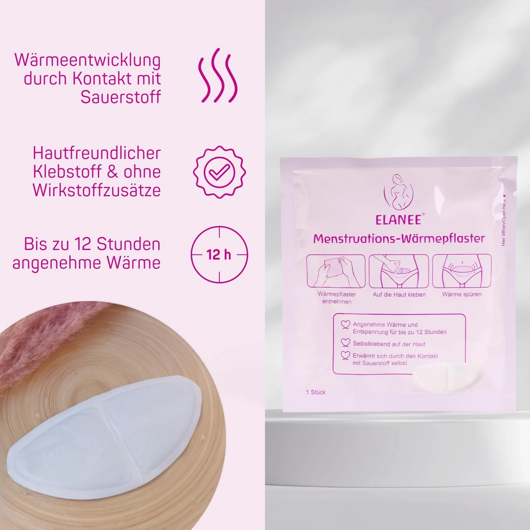 ELANEE Menstruations-Wärmepflaster [10 Stück], 12 Stunden wohltuende Wärme und Entspannung während der Periode, erwärmt sich durch Kontakt mit Sauerstoff, hautfreundlich (734-V1)