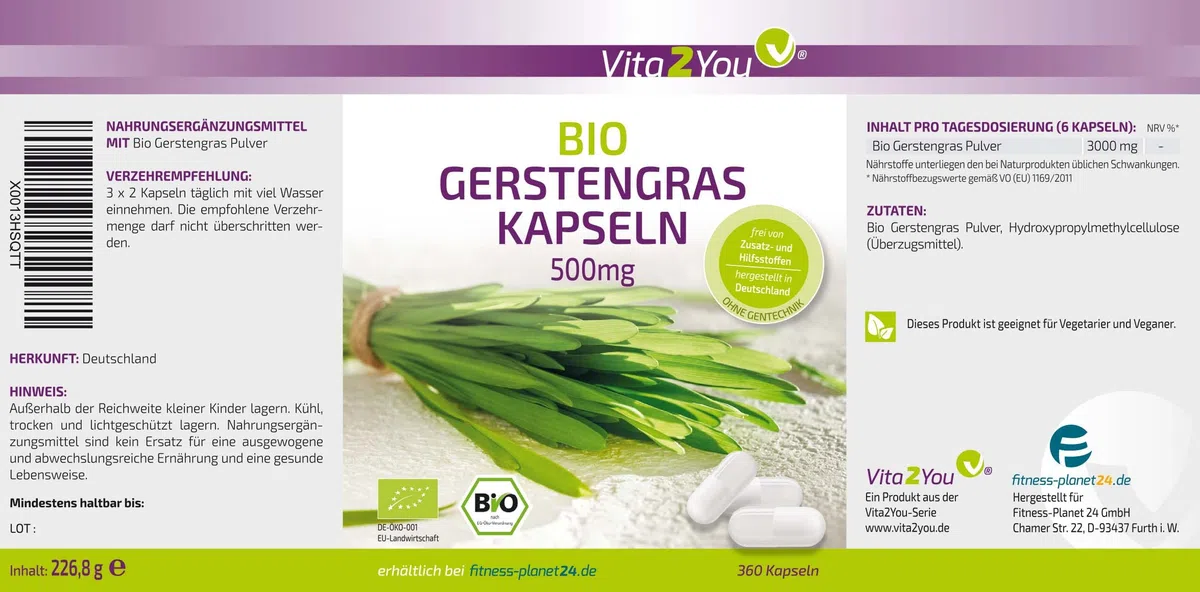 Vita2You Bio Gerstengras Kapseln - 360 Kapseln - 3000mg Tagesdosis - 500mg pro Kapsel - Gerstengras aus deutschem Anbau - Ohne Zusätze - Hochdosiert - ökologischer Anbau - Premium Qualität
