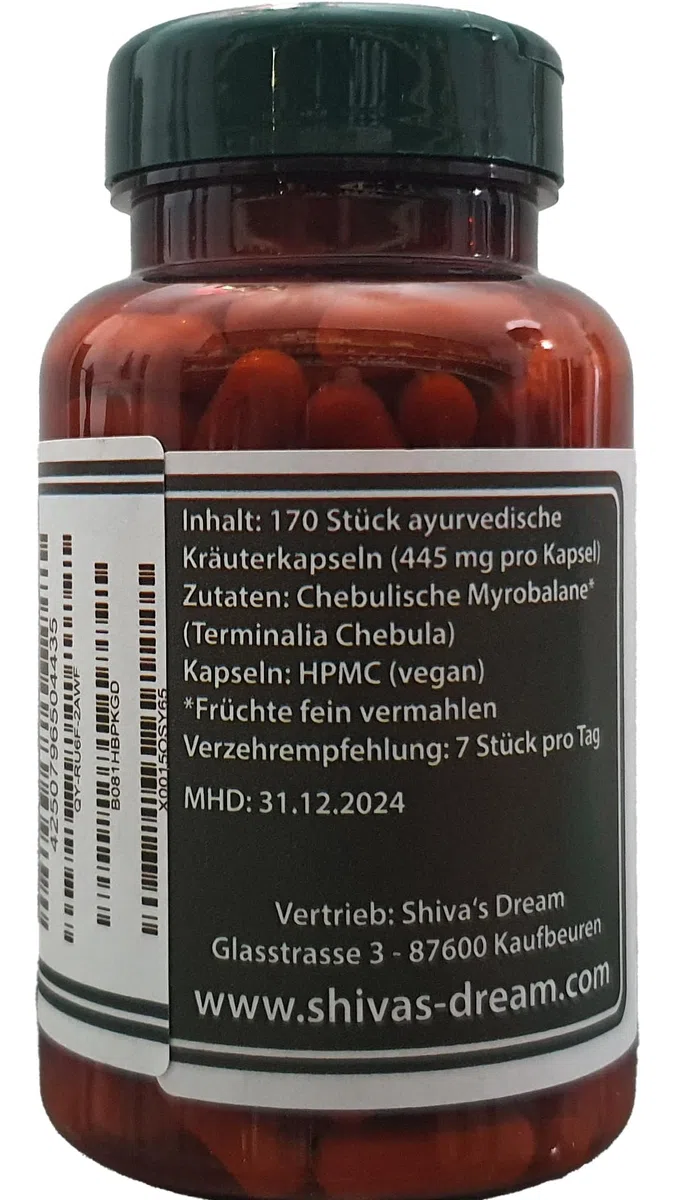 Haritaki Kapseln 170 Stück | VEGAN | HPMC | 100% rein | keine Füllstoffe | keine Zusatzstoffe | geprüfte Qualität aus Indien | Shiva's Dream | alle 3 Doshas im Gleichgewicht