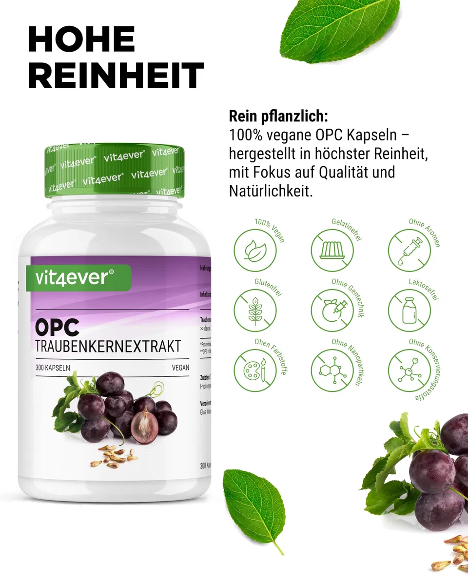 OPC Traubenkernextrakt - 300 Kapseln - 1000 mg Extrakt mit 700 mg OPC - Höchster Gehalt nach HPLC - Laborgeprüft - Aus europäischen Weintrauben - Vegan - Hochdosiert | 1000 mg Extrakt, europäische Weintrauben, hochdosiert, laborgeprüft, vegan