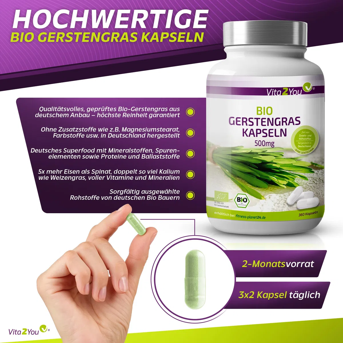 Vita2You Bio Gerstengras Kapseln - 360 Kapseln - 3000mg Tagesdosis - 500mg pro Kapsel - Gerstengras aus deutschem Anbau - Ohne Zusätze - Hochdosiert - ökologischer Anbau - Premium Qualität