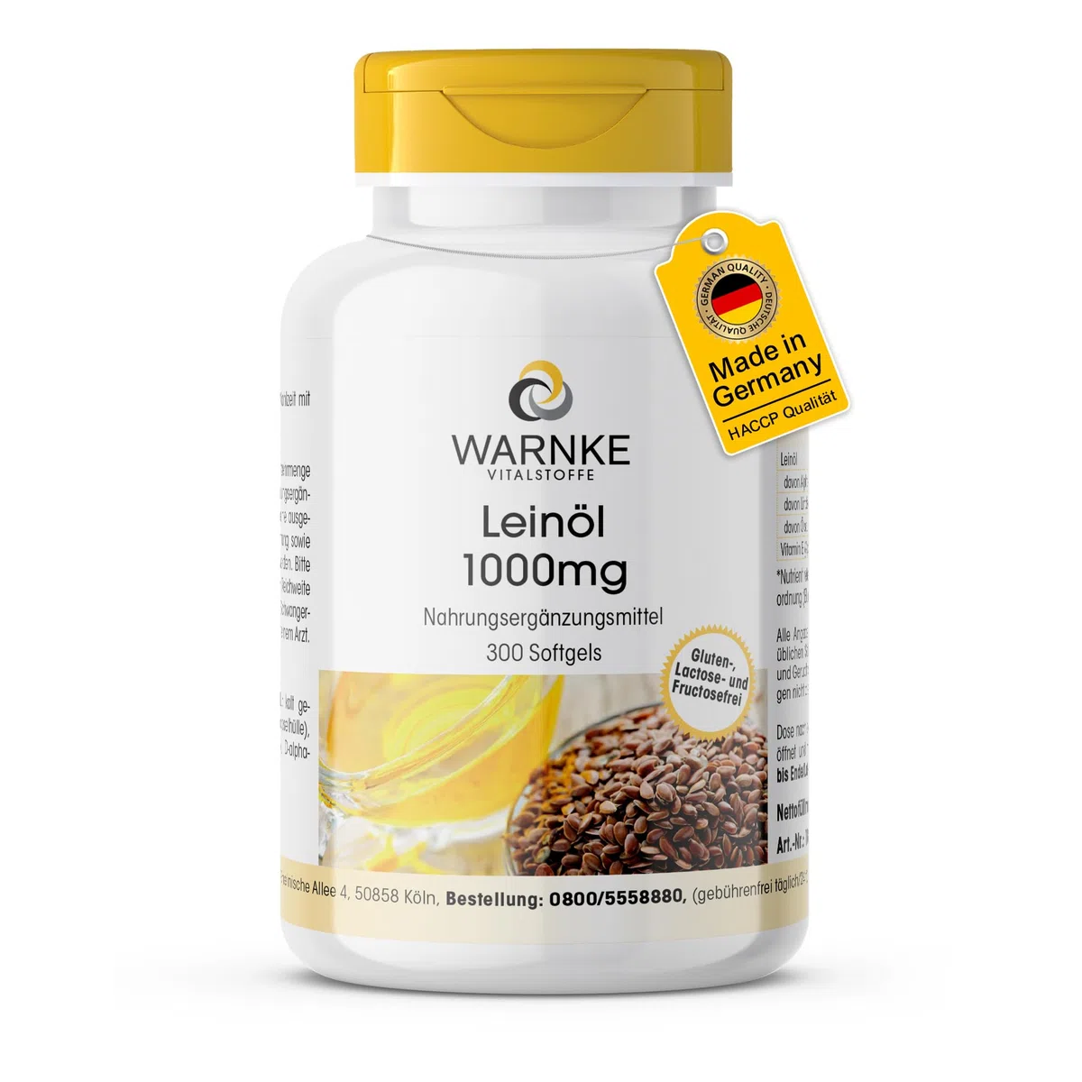 Leinöl 1000mg - 300 Softgels - 1000mg pro Softgel - kaltgepresst - Omega 369 + Vitamin E - Alpha Linolsäure - HOCHDOSIERT - Deutsche Apothekenqualität | Warnke Vitalstoffe