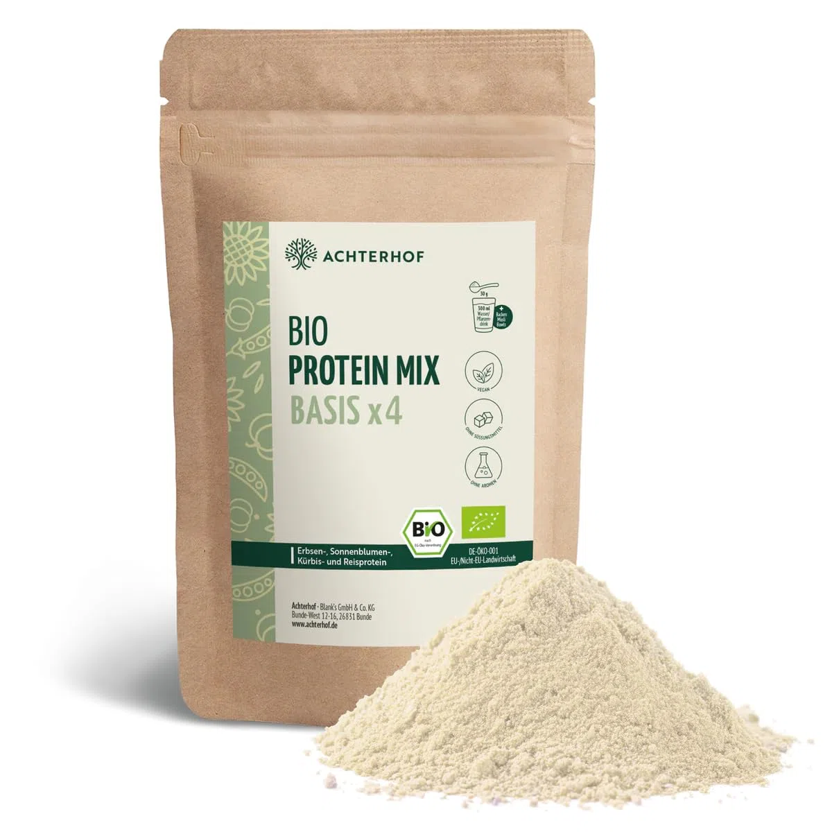 Bio Protein Basis Mix x4 500g | 4 pflanzliche Proteine | Reis-, Erbse-, Sonnenblumen- und Kürbiskernprotein optimal kombiniert | Achterhof