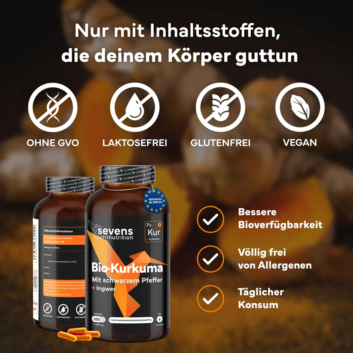 Kurkuma Kapseln Hochdosiert – BIO Kurkuma mit Schwarzem Pfeffer & Ingwer – 365 Kapseln – Curcumin Komplex – Ohne unerwünschte Zusätze - Sevens Nutrition