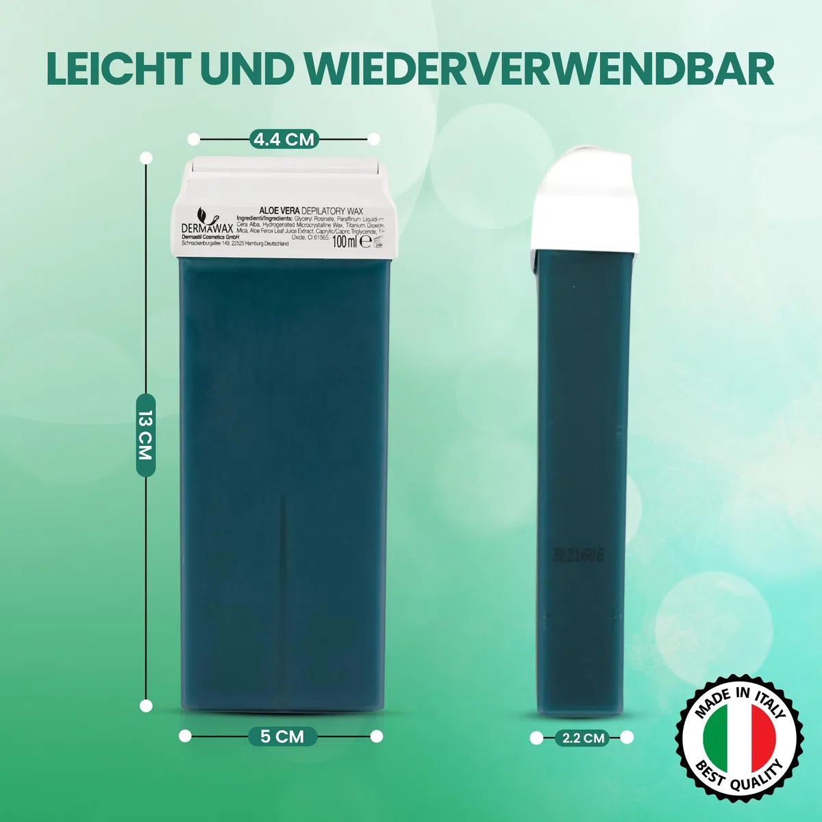 DERMAWAX Roll-On Wachspatronen 6x100 ml Aloe Vera – Made in Italy Warmwachs Nachfüllset – Für empfindliche Haut – Kompatibel mit allen 100 ml Wachserwärmern – Beine, Arme, Rücken & Brust