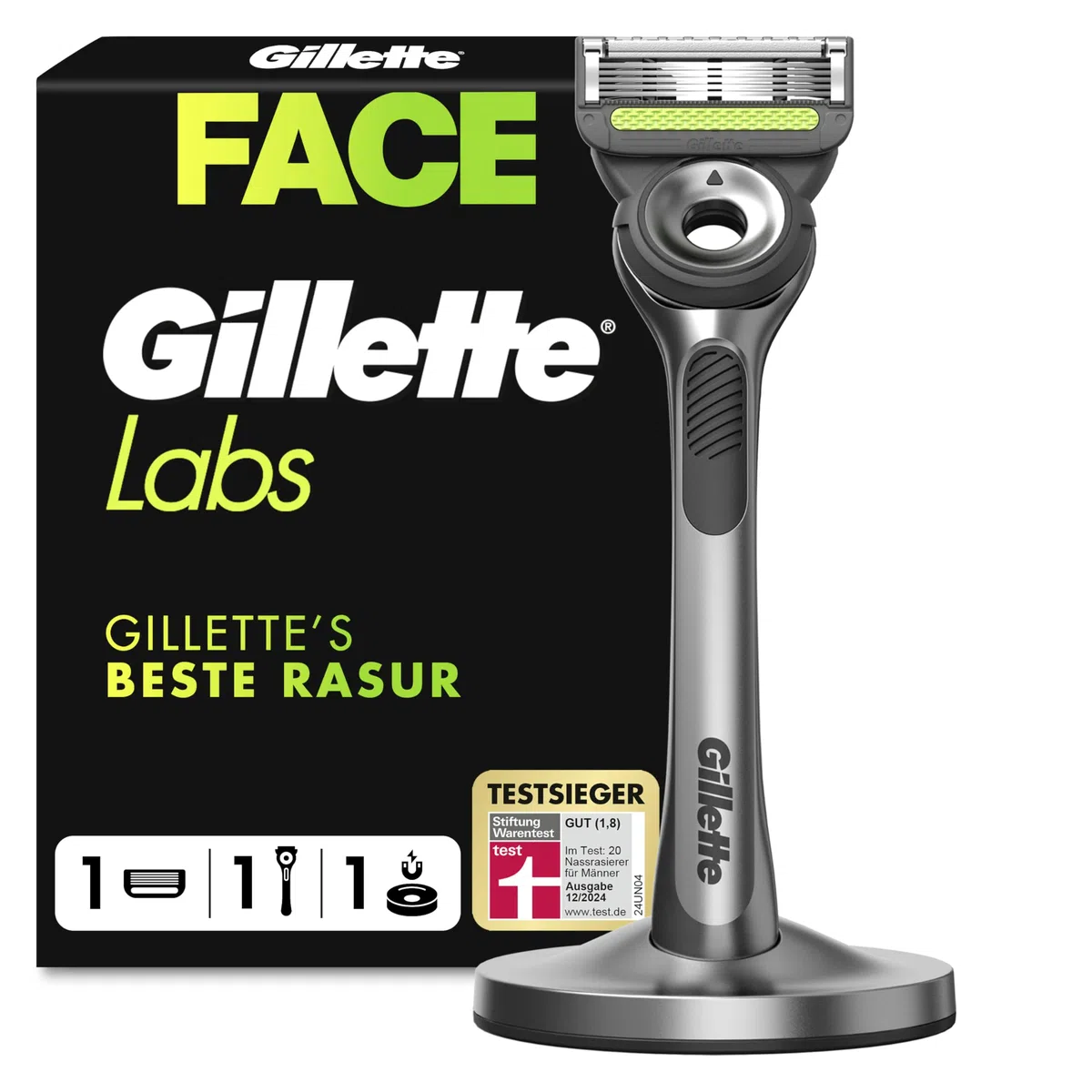 Gillette Labs Rasierer Herren, TESTSIEGER VON GILLETTE BEI STIFTUNG WARENTEST, Nassrasierer mit Reinigungs-Element + 1 Ersatzklinge, Premium-Magnetdock — Edelstahl, Grau