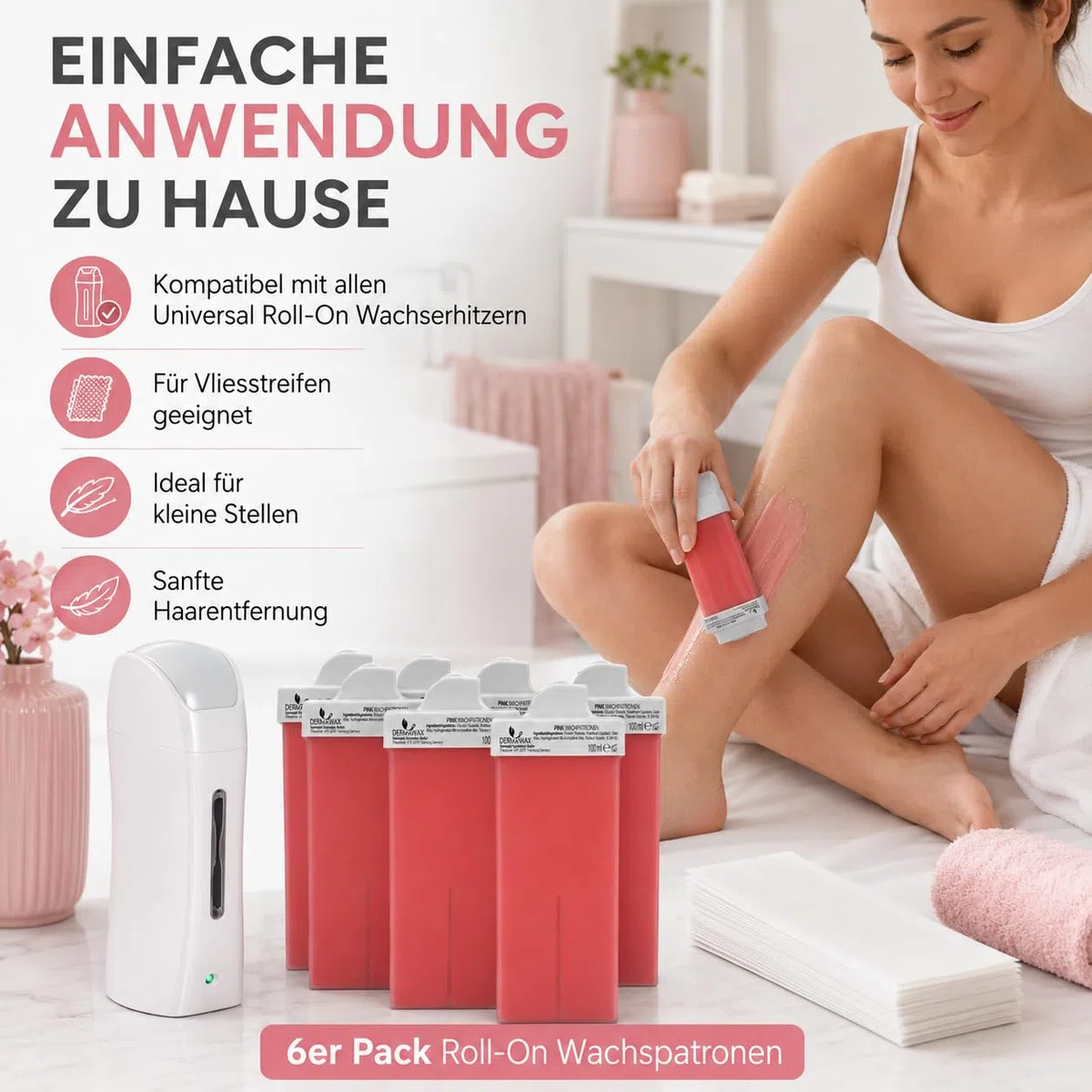 DERMAWAX Pink Wachspatronen 6er Pack, Roll-On Wachs 6 x 100 ml, 1,6 cm Rollkopf für präzises Waxing an kleinen Stellen, kompatibel mit Universal Wachserhitzer
