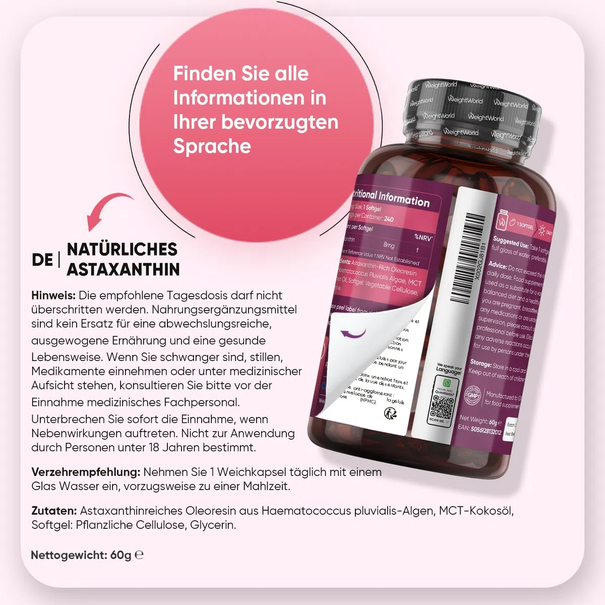 Natürliches Astaxanthin 8mg pro Portion - 240 vegane Weichkapseln - Nur 1 Softgel pro Tag - Aus Haematococcus Pluvialis Algen (Meeresalgen) - Carotinoide - Frei von Magnesiumstearat - WeightWorld