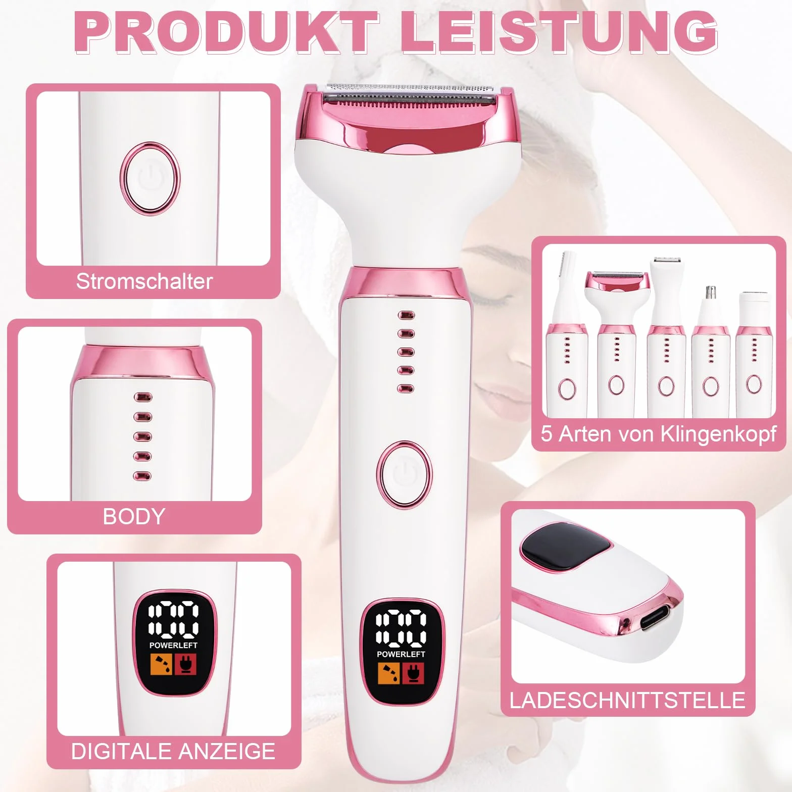 Elektrischer Rasierer für Frauen, 5-in-1 Damenrasierer Elektrisch für Körpe, Schmerzloser Nass-Trocken-Rasierer für Bikini, Achseln, Beine, Augenbrauen und Nase, USB-Aufladung