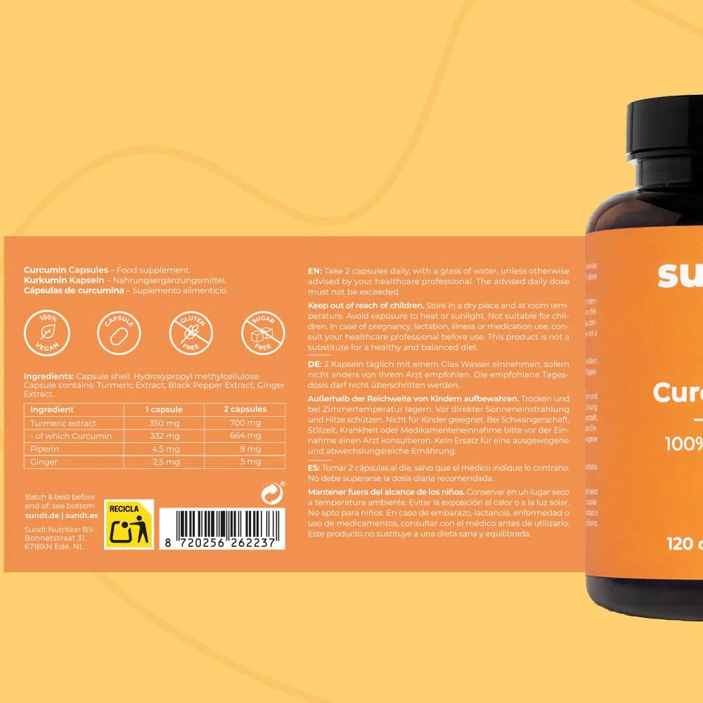 Curcumin Kapseln mit 700 mg| 120 Kurkuma Kapseln aus Kurkuma Extrakt | hohe Bioverfügbarkeit | hochdosiert natürliches Antioxidans für Entzündungen & oxidativen Stress | Vegan | Sundt Supplements