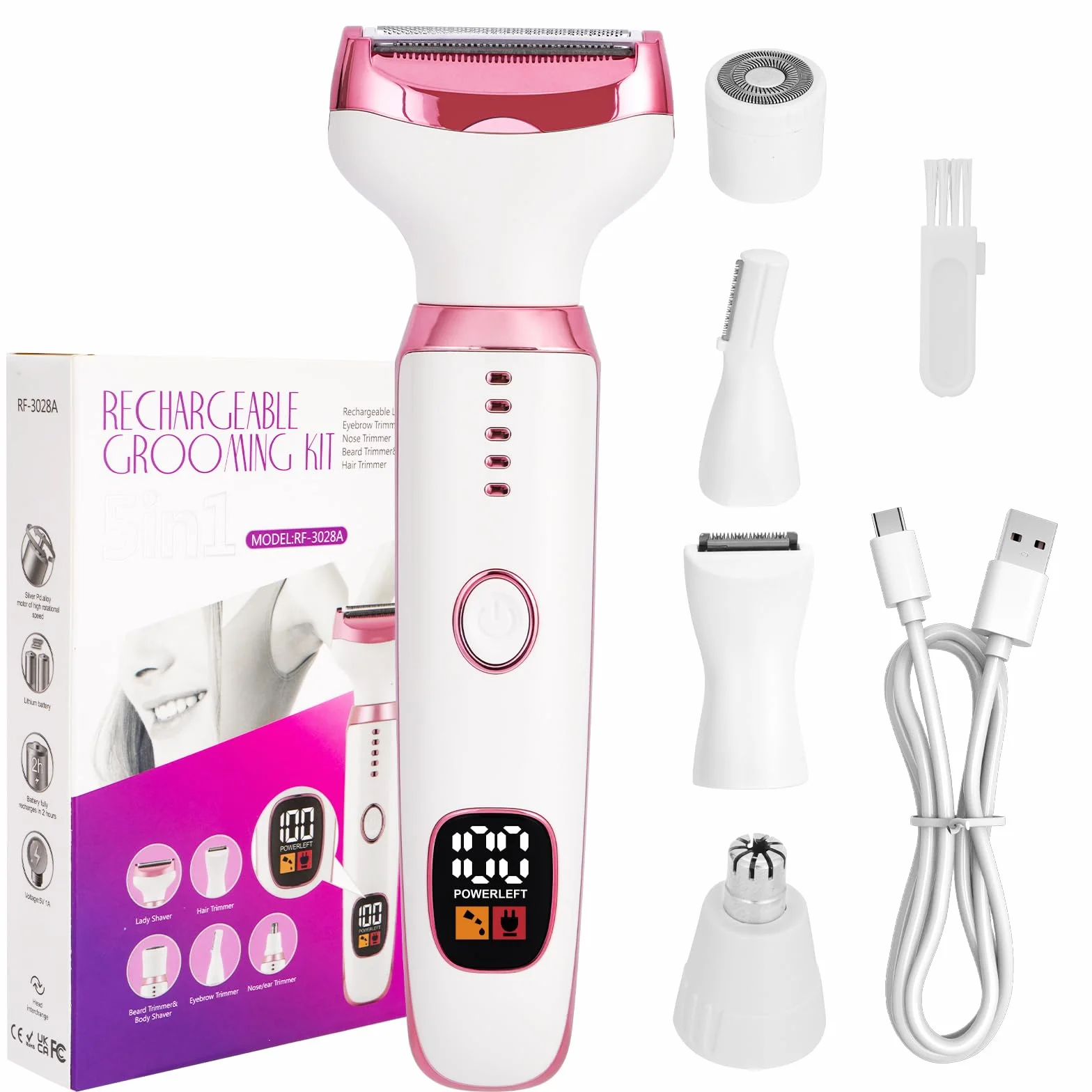 Elektrischer Rasierer für Frauen, 5-in-1 Damenrasierer Elektrisch für Körpe, Schmerzloser Nass-Trocken-Rasierer für Bikini, Achseln, Beine, Augenbrauen und Nase, USB-Aufladung