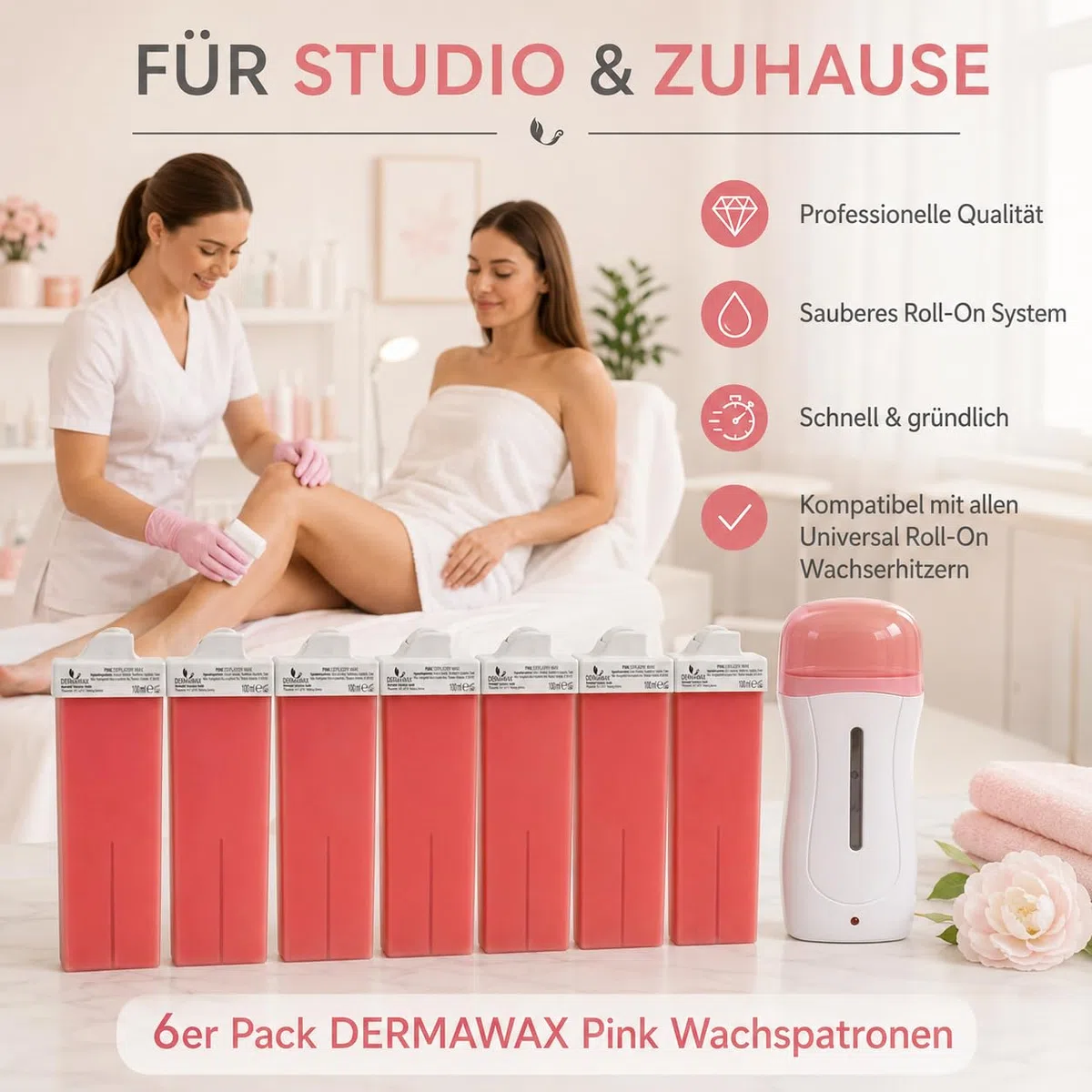 DERMAWAX Pink Wachspatronen 6er Pack, Roll-On Wachs 6 x 100 ml, 1,6 cm Rollkopf für präzises Waxing an kleinen Stellen, kompatibel mit Universal Wachserhitzer