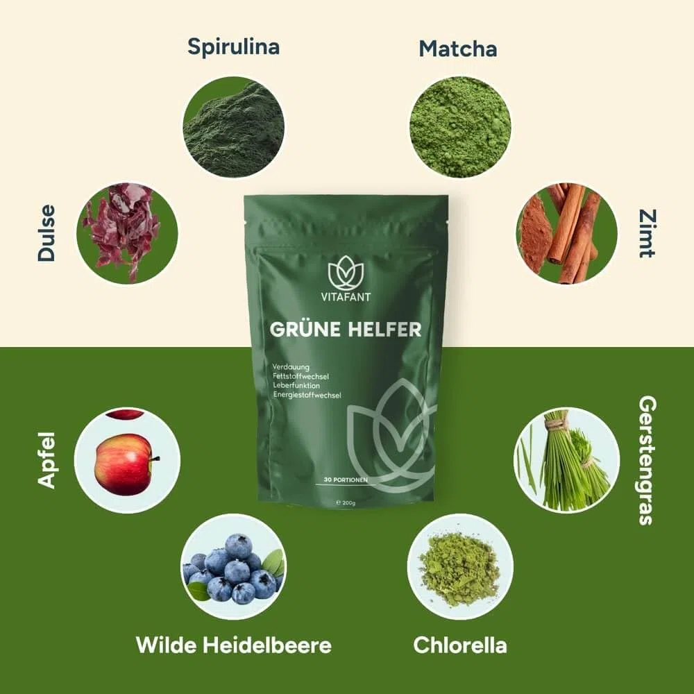 Vitafant - Grüne Helfer - Greens Pulver - Superfood Shake - Mit Spirulina, Gerstengras, Matcha, Chlorella & mehr - 30 Portionen