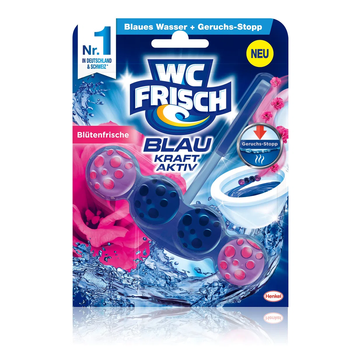 WC Frisch Kraft Aktiv Blauspüler Blüten-Frische (10er Pack), WC-Reiniger mit innovativer Geruchs-Stopp-Formel, Duftsteine für extra Frische und eine sichtbare Reinigung
