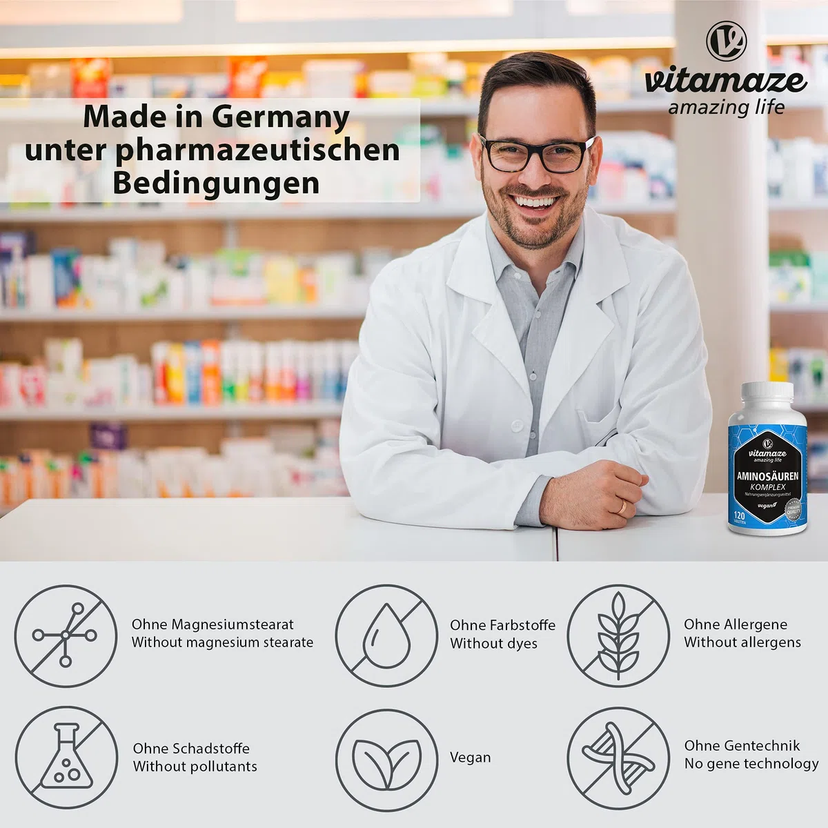 Aminosäuren Komplex hochdosiert & vegan, 120 Tabletten mit 8 essentiellen Aminosäuren EAA (u.a. Tryptophan, Lysin, Leucin, Tyrosin), Nahrungsergänzung ohne Zusatzstoffe