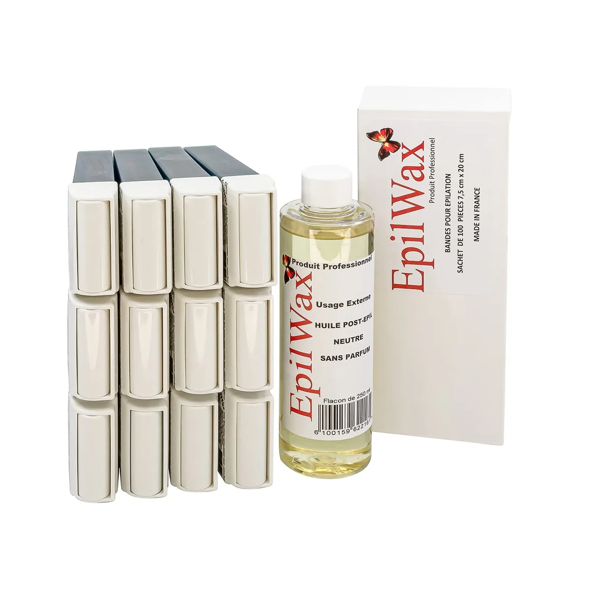EpilWax - Nachfüllpackung mit: 12 Roll-on-Patronen mit Honig, 1 Packung mit 100 Vliesstreifen zur Haarentfernung und 1 Flasche mit 250 ml neutralem Öl nach der Haarentfernung (Azulen)