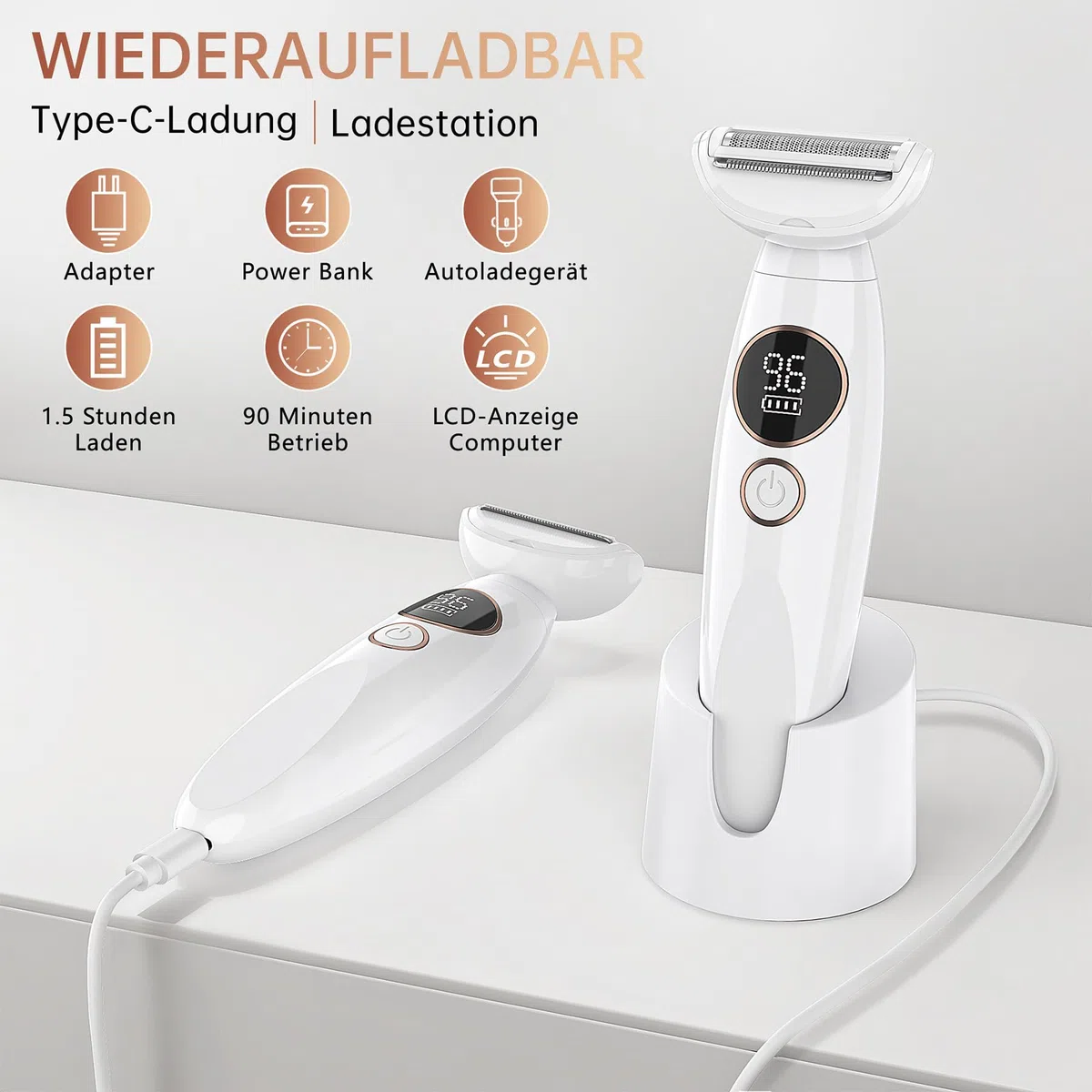 Lightbiz 5-in-1 Elektrischer Rasierer Damen, Intimrasierer für Frauen, Damenrasierer Elektrisch, IPX7 Wasserdicht, Trimmer Damen Intimbereich für Bikini Zone, Gesicht & Körper, USB Aufladbar