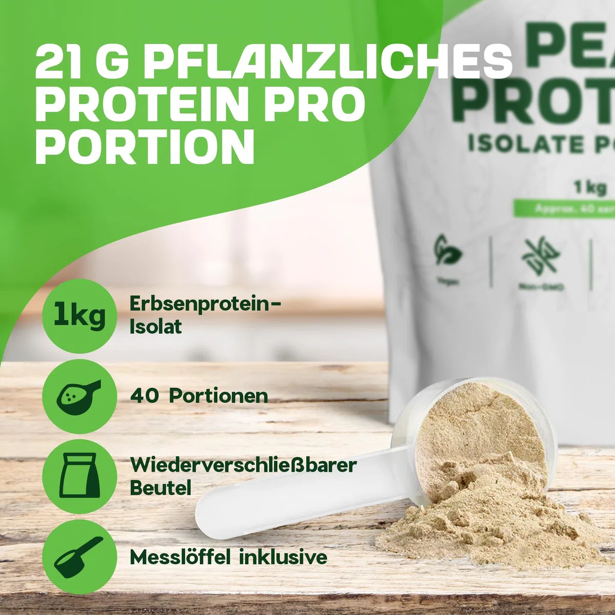 Erbsenprotein Isolat Pulver - 1KG, 84% Protein, Geschmacksneutral, Vegan | Laktosefreies, leicht lösliches Erbsenprotein, nicht-GVO - für Shakes, Smoothies, Porridge & zum Backen
