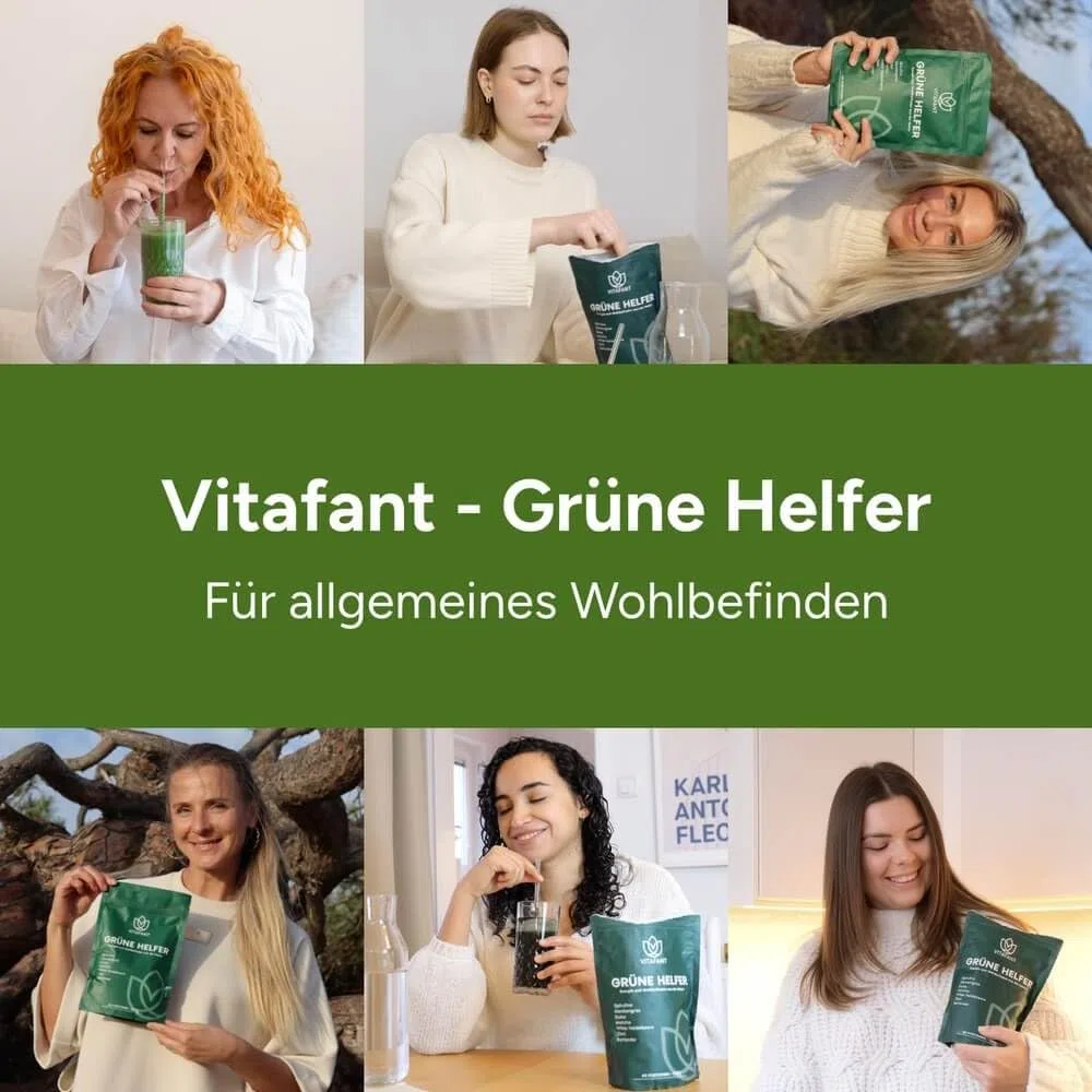Vitafant - Grüne Helfer - Greens Pulver - Superfood Shake - Mit Spirulina, Gerstengras, Matcha, Chlorella & mehr - 30 Portionen
