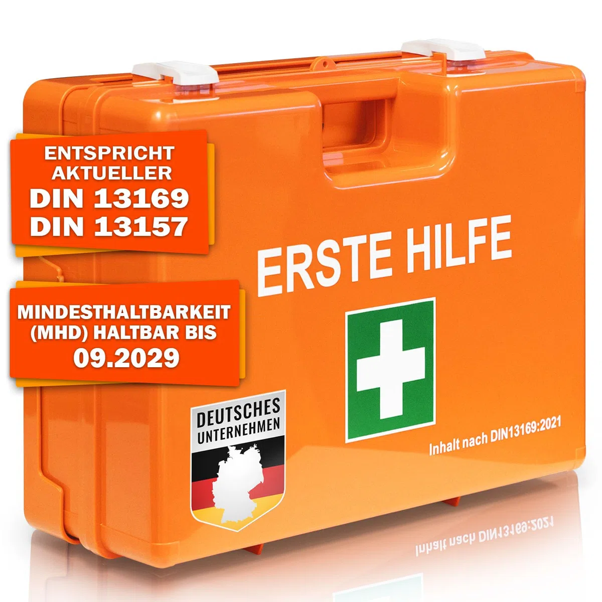 KARAT Kleine Erste Hilfe Kasten für Betriebe DIN 13157:2021 gefüllt inkl. Wandhalterung | 1 Hilfe Verbandskasten Set für Werkstatt, Büros & Gastro, Notfallbox bis 50 Mitarbeiter (28x20x11,5 cm)