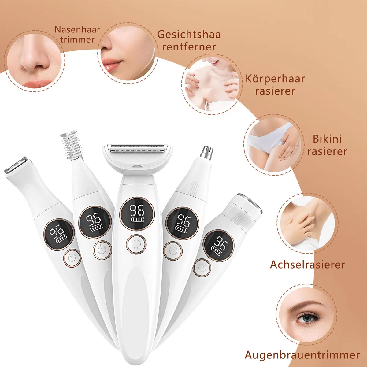 Lightbiz 5-in-1 Elektrischer Rasierer Damen, Intimrasierer für Frauen, Damenrasierer Elektrisch, IPX7 Wasserdicht, Trimmer Damen Intimbereich für Bikini Zone, Gesicht & Körper, USB Aufladbar