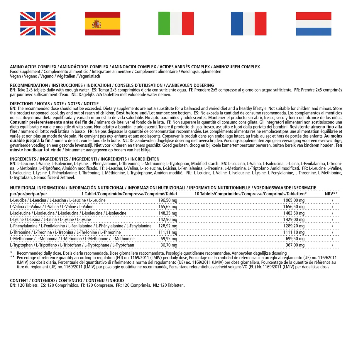 Aminosäuren Komplex hochdosiert & vegan, 120 Tabletten mit 8 essentiellen Aminosäuren EAA (u.a. Tryptophan, Lysin, Leucin, Tyrosin), Nahrungsergänzung ohne Zusatzstoffe