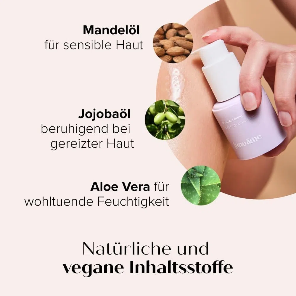 juno & me – Body Shaving Oil: Rasieröl für gründliche & glatte Rasur - 2in1-Effekt durch Pflege während Rasur - hilft bei Rasierpickeln & Rasurbrand - Mandelöl & Aloe Vera - vegane Körperpflege - 60ml