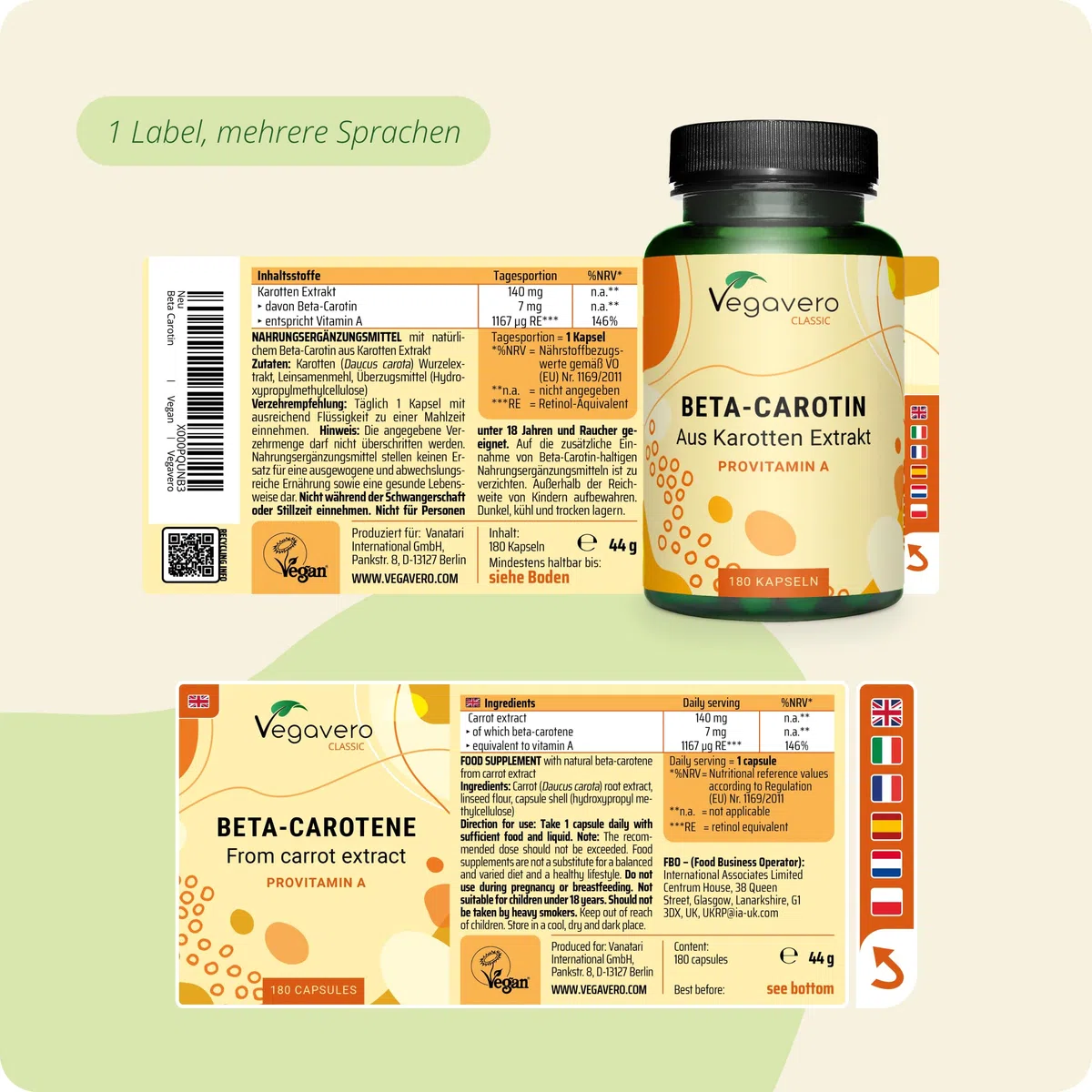 Vegavero Beta Carotin Kapseln hochdosiert 180 Stück - 7 mg natürliches Beta Carotin aus 100% natürlichem Karottenextrakt - Bräunungskapseln zum Einnehmen - Vegan & ohne Zusatzstoffe