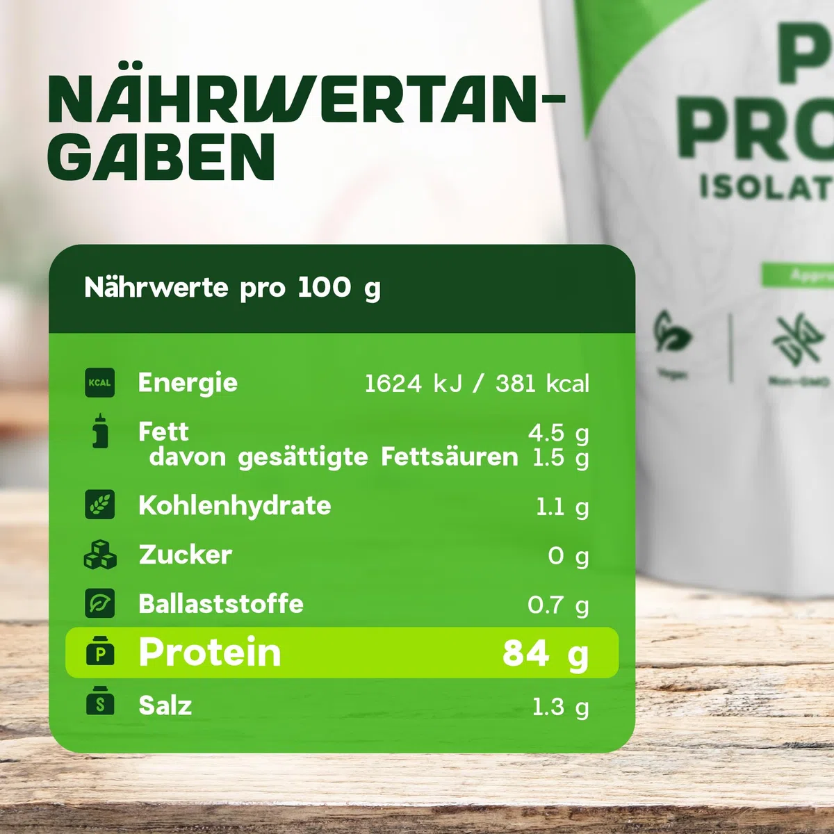 Erbsenprotein Isolat Pulver - 1KG, 84% Protein, Geschmacksneutral, Vegan | Laktosefreies, leicht lösliches Erbsenprotein, nicht-GVO - für Shakes, Smoothies, Porridge & zum Backen