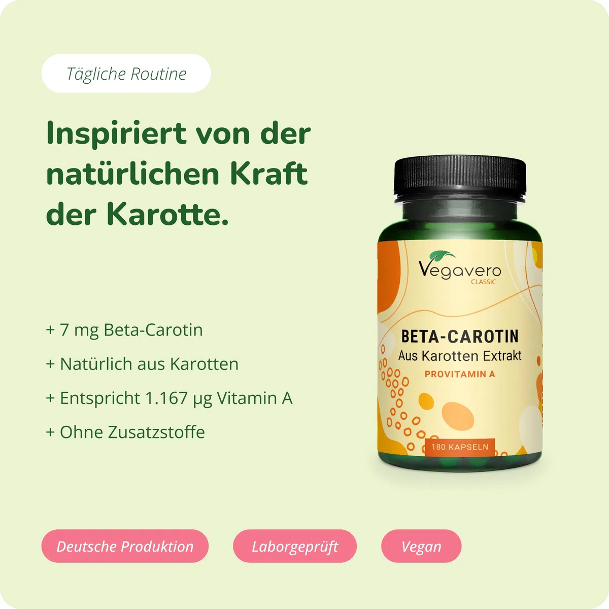 Vegavero Beta Carotin Kapseln hochdosiert 180 Stück - 7 mg natürliches Beta Carotin aus 100% natürlichem Karottenextrakt - Bräunungskapseln zum Einnehmen - Vegan & ohne Zusatzstoffe