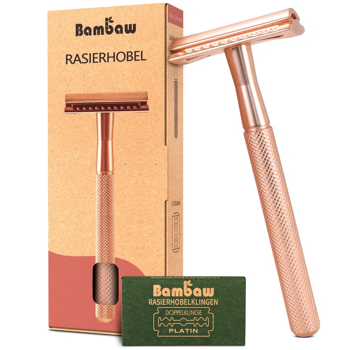 Bambaw Rasierhobel Damen mit 5 Ersatzklingen, Metall Rasierer Damen Sicher & Wiederverwendbar, Rasierhobel Frauen Für Eine Sanfte & Präzise Rasur, Geeignet für Alle Hauttypen (Roségold)