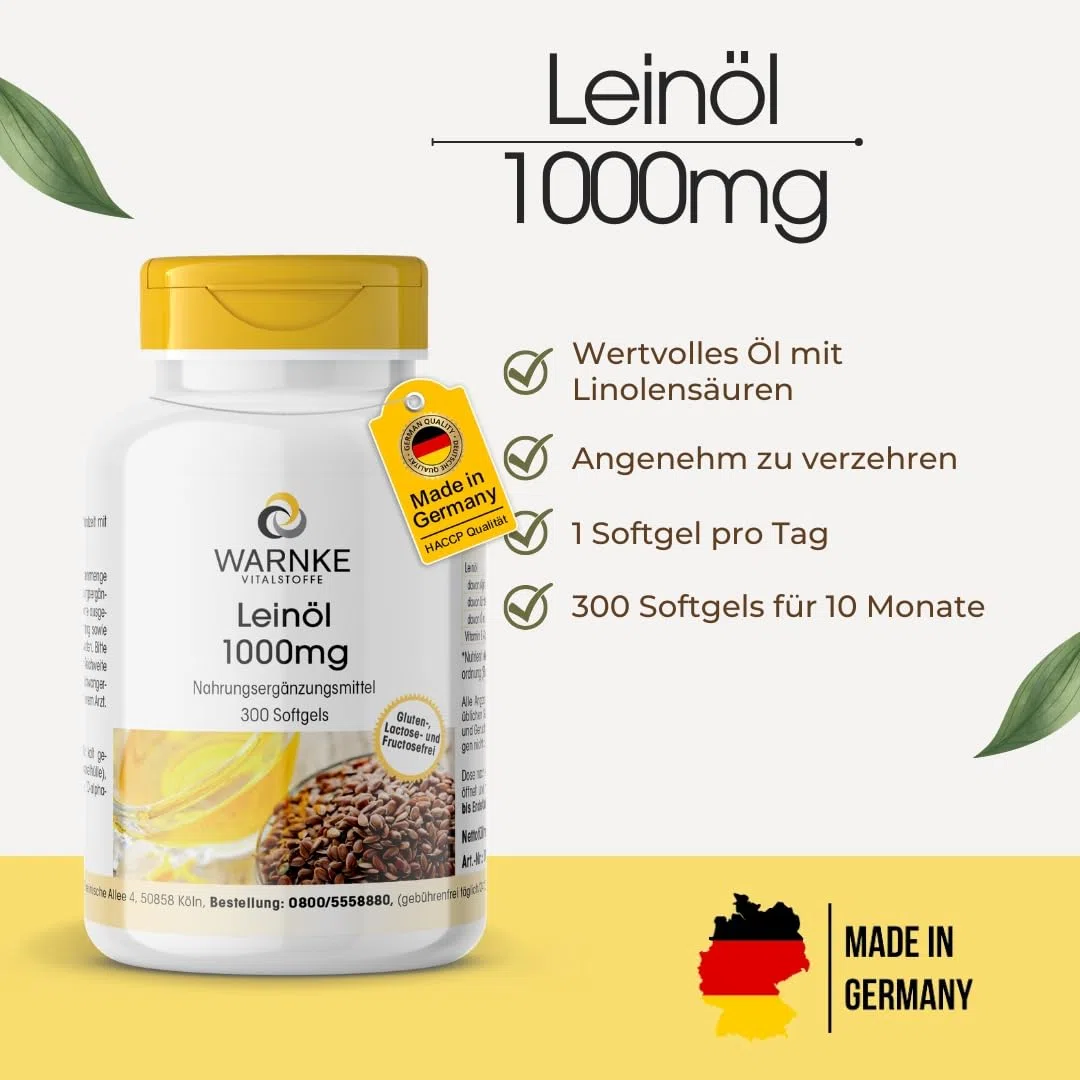 Leinöl 1000mg - 300 Softgels - 1000mg pro Softgel - kaltgepresst - Omega 369 + Vitamin E - Alpha Linolsäure - HOCHDOSIERT - Deutsche Apothekenqualität | Warnke Vitalstoffe
