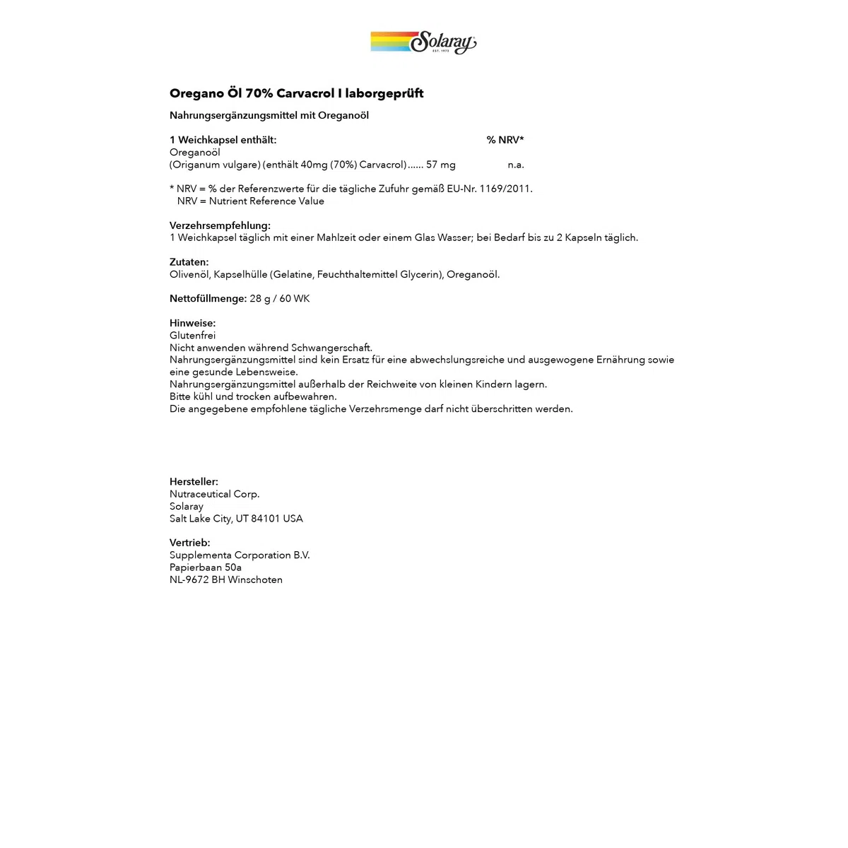 Solaray Oregano Öl 57mg | 70% Carvacrol - 40mg | 60 Kapseln | laborgeprüft | Nahrungsergänzungsmittel mit Oreganoöl | hoher Carvacrol Anteil | aus Wildwuchs-Ernte | Antikes Kraut aus der Volksmedizin