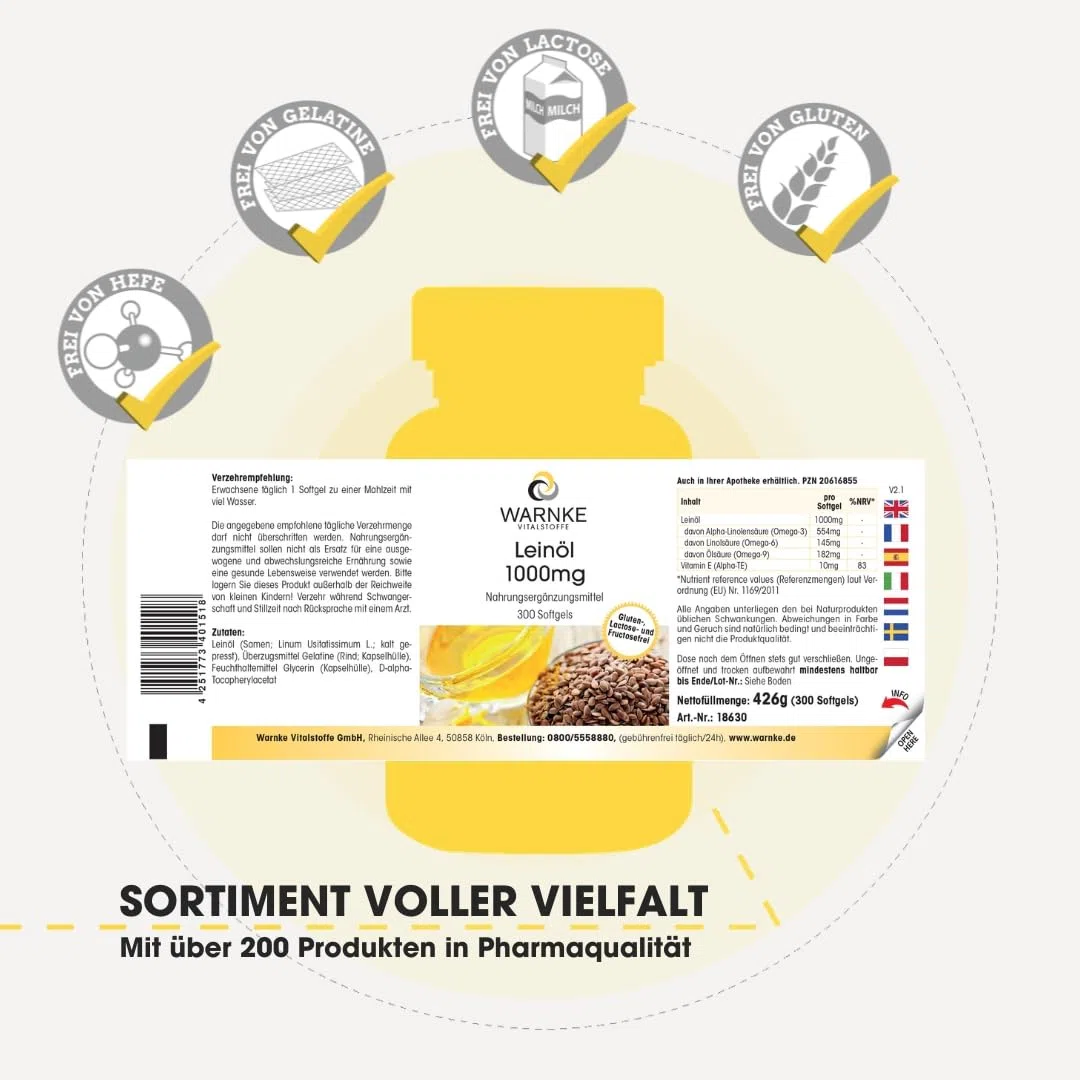 Leinöl 1000mg - 300 Softgels - 1000mg pro Softgel - kaltgepresst - Omega 369 + Vitamin E - Alpha Linolsäure - HOCHDOSIERT - Deutsche Apothekenqualität | Warnke Vitalstoffe