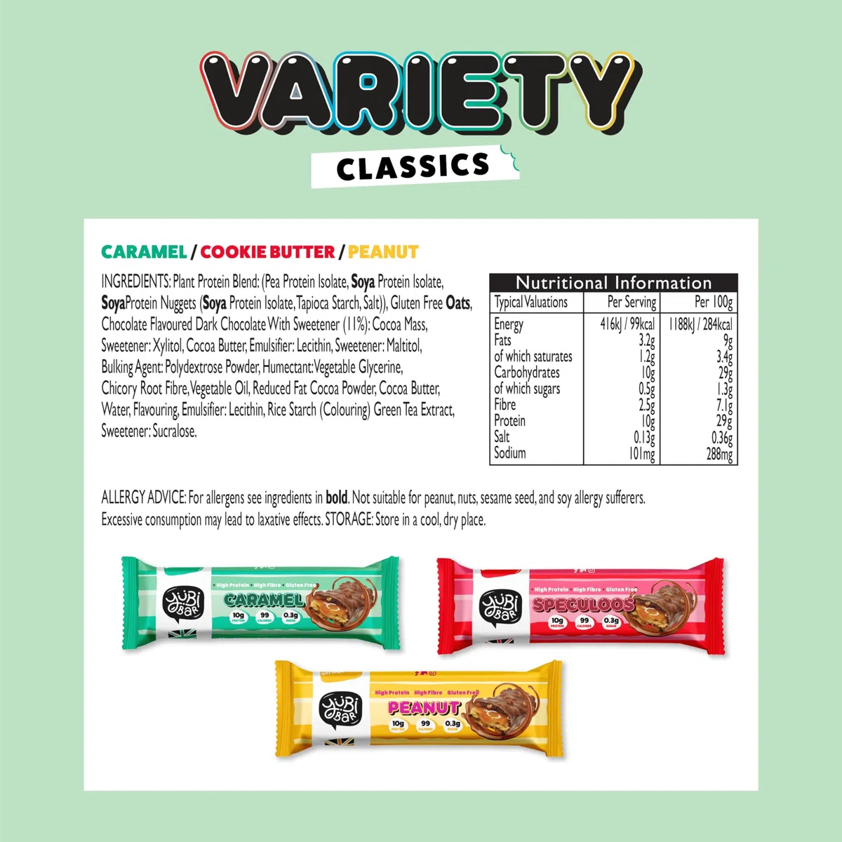 YuBi Variety Classics 12er Pack - Proteinriegel - 99 Kalorien, proteinreich, ballaststoffreich, zuckerarm, gluten- und milchfrei - 420g