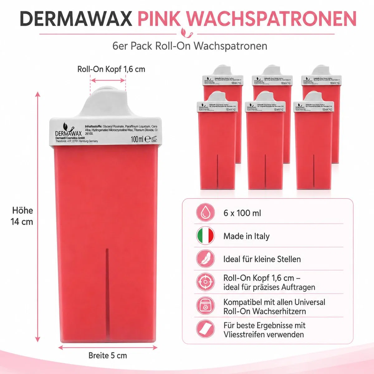 DERMAWAX Pink Wachspatronen 6er Pack, Roll-On Wachs 6 x 100 ml, 1,6 cm Rollkopf für präzises Waxing an kleinen Stellen, kompatibel mit Universal Wachserhitzer