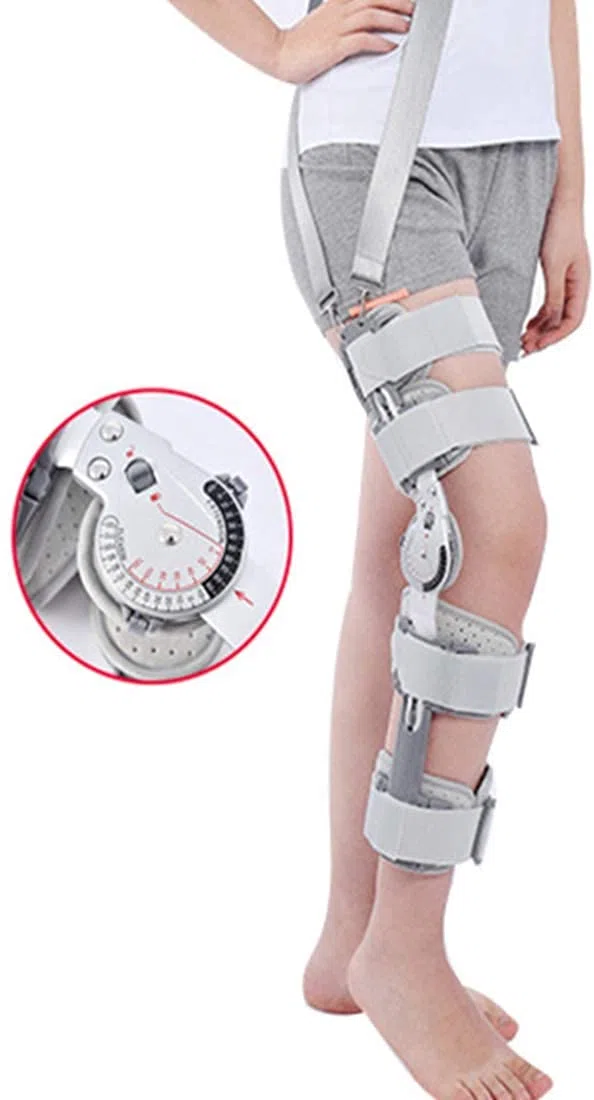 Aufklappbare Rom-Kniebandage mit Riemen, verstellbare Patellabandage nach der Operation, für Acl/Pcl, Bänder verletzt und gebrochen, Universalgröße