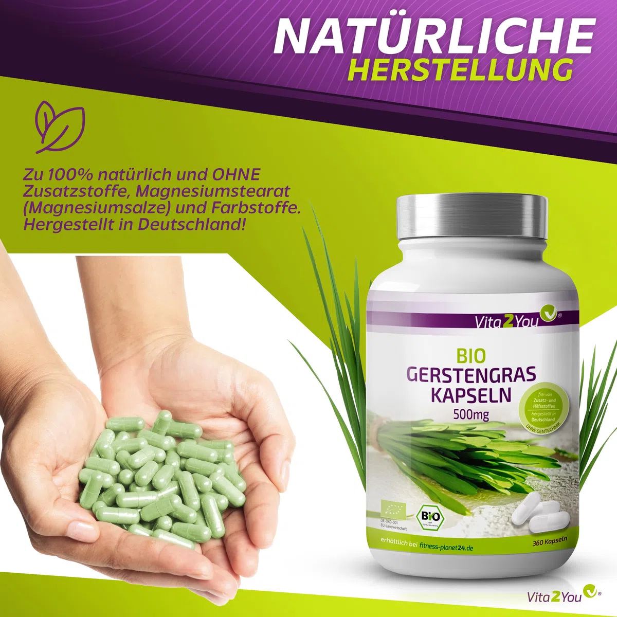 Vita2You Bio Gerstengras Kapseln - 360 Kapseln - 3000mg Tagesdosis - 500mg pro Kapsel - Gerstengras aus deutschem Anbau - Ohne Zusätze - Hochdosiert - ökologischer Anbau - Premium Qualität