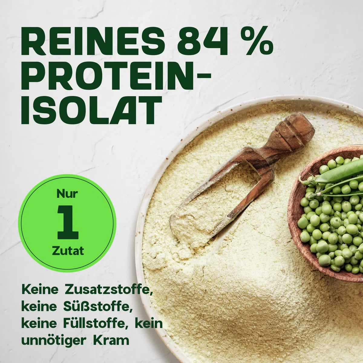 Erbsenprotein Isolat Pulver - 1KG, 84% Protein, Geschmacksneutral, Vegan | Laktosefreies, leicht lösliches Erbsenprotein, nicht-GVO - für Shakes, Smoothies, Porridge & zum Backen