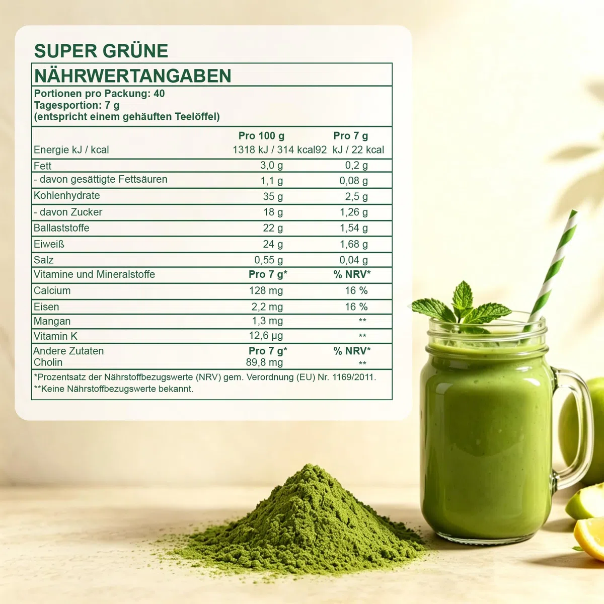 Grüne Entgiftungspulver 200g Vegan – Super Greens Pulver mit Matcha, Gerstengras, Spirulina & Chlorella, Heidelbeeren – Reich an Vitaminen, Mineralstoffen & Ballaststoffen