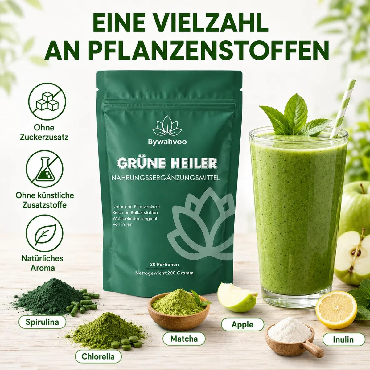 Grüne Entgiftungspulver 200g Superfood Pulver, Gerstengras, Spirulina & Heidelbeeren,Reich an Ballaststoffen & Mikronährstoffen,Vegan – Täglicher Energie Helfer（2er-Pack）