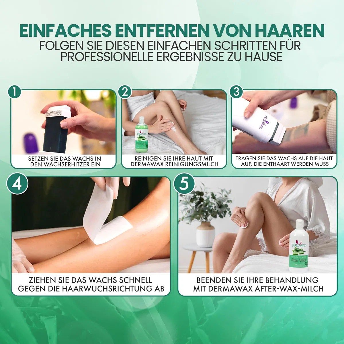 DERMAWAX Roll-On Wachspatronen 6x100 ml Aloe Vera – Made in Italy Warmwachs Nachfüllset – Für empfindliche Haut – Kompatibel mit allen 100 ml Wachserwärmern – Beine, Arme, Rücken & Brust