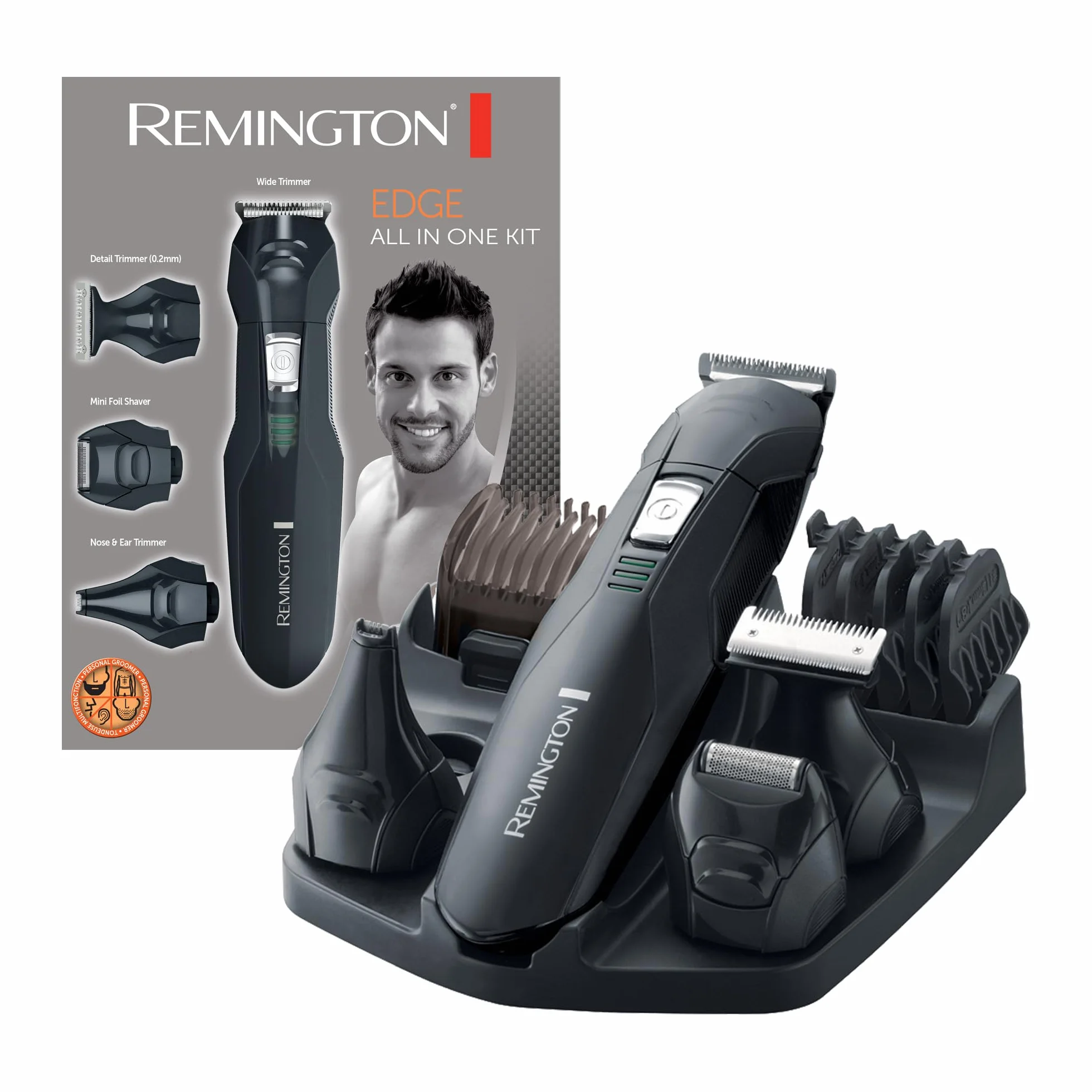 Remington Haarschneidemaschine und Barttrimmer Set [inkl. Aufbewahrungsstation] Gesichts-,Körperhaare (5 Kämme 1-12mm,verstellb. Kamm 2-16mm, Detailtrimmer,Mini-Rasierer, Nasen-,Ohrentrimmer) PG6030