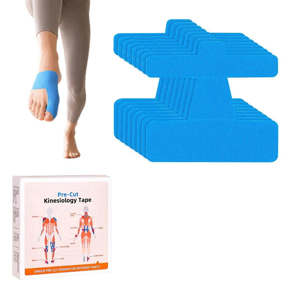Hallux Valgus Korrektur, 40 Stück, Hallux Valgus Tape, Vorgeschnittenes Kinesiologie-Tape zur Korrektur von Ballenzehen, Hautfreundlich, Geeignet für Zehen und Füße Blau