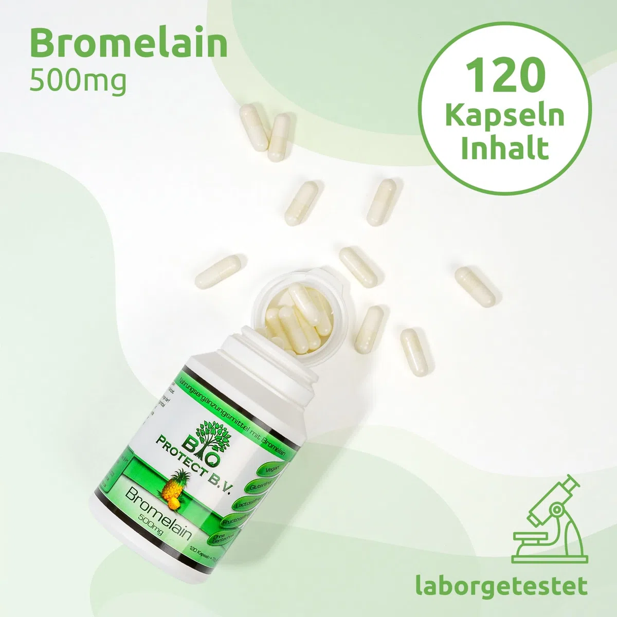 Bromelain 500 mg (2.000 F.I.P.) 120 Kapseln - Vegan ohne Füll- und Zusatzstoffe - 2000 GDU/g = 4000 F.I.P./g - Bio Protect - Ananas Enzym OHNE ZUSATZSTOFFE!