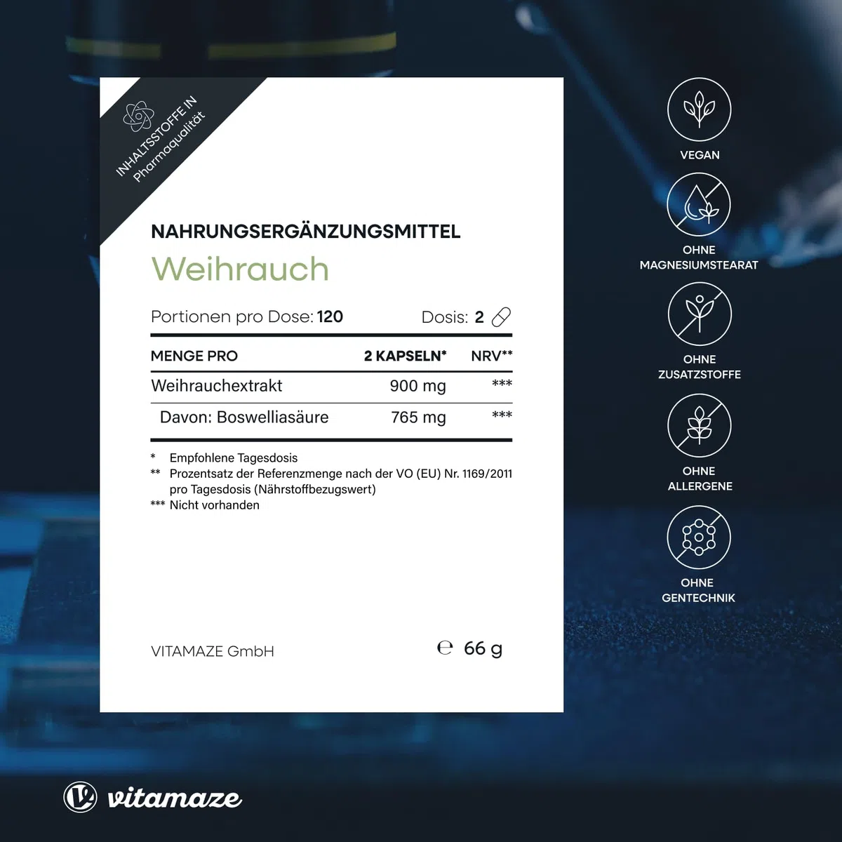 Weihrauch Kapseln hochdosiert & vegan, 900 mg Extrakt pro Tagesdosis, 85% Boswellia-Säure, 100% indischer Boswelia Serrata, 120 Kapseln für 2 Monate, Ohne Zusätze, Made in Germany