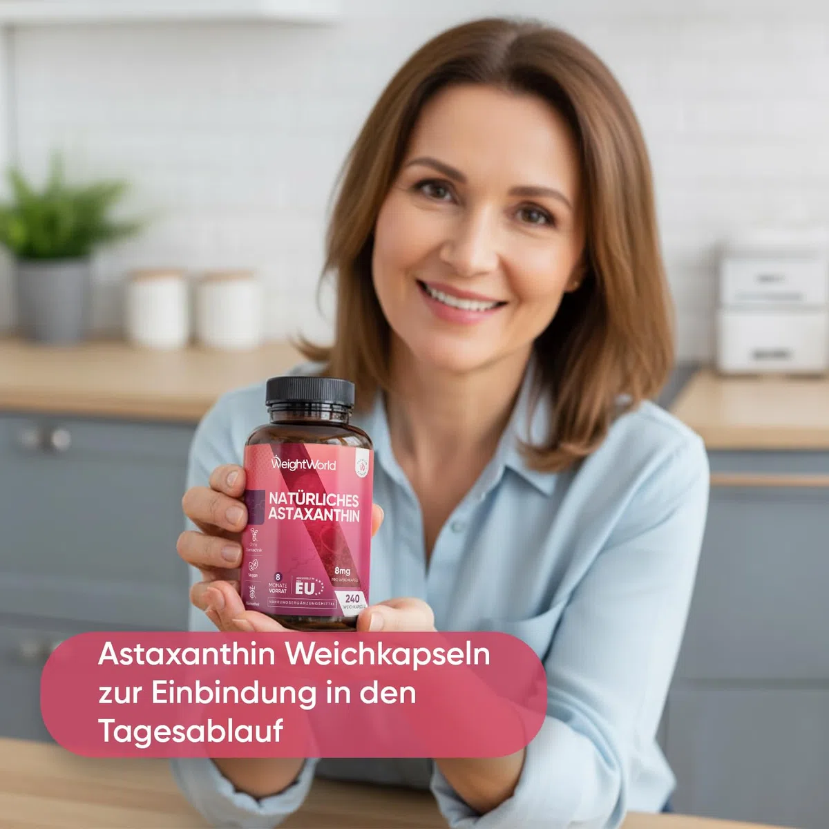 Natürliches Astaxanthin 8mg pro Portion - 240 vegane Weichkapseln - Nur 1 Softgel pro Tag - Aus Haematococcus Pluvialis Algen (Meeresalgen) - Carotinoide - Frei von Magnesiumstearat - WeightWorld